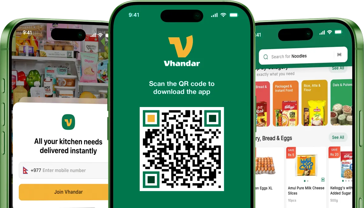 Vhandar app screens with QR code to download the app